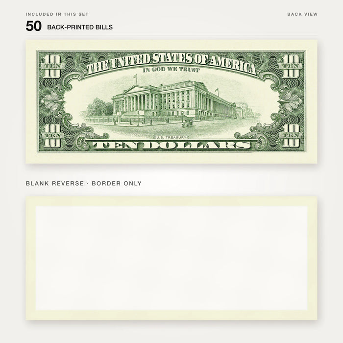 $10 1990s Close-Up prop bill: back-printed bill above its blank bordered reverse.