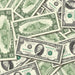 $10 1990s Close-Up prop bills with printed fronts and backs scattered randomly; one complete front and back centered.