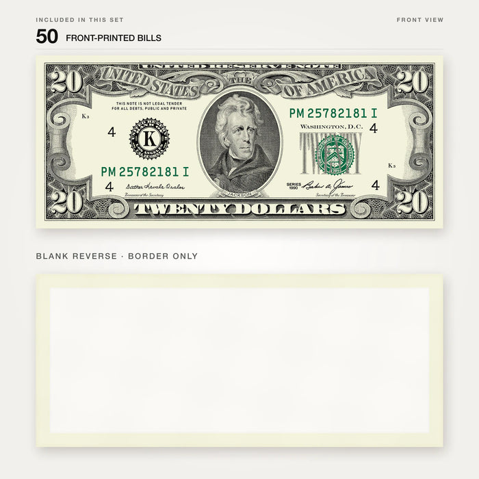 $20 1990s Close-Up prop bill: front-printed bill above its blank bordered reverse.