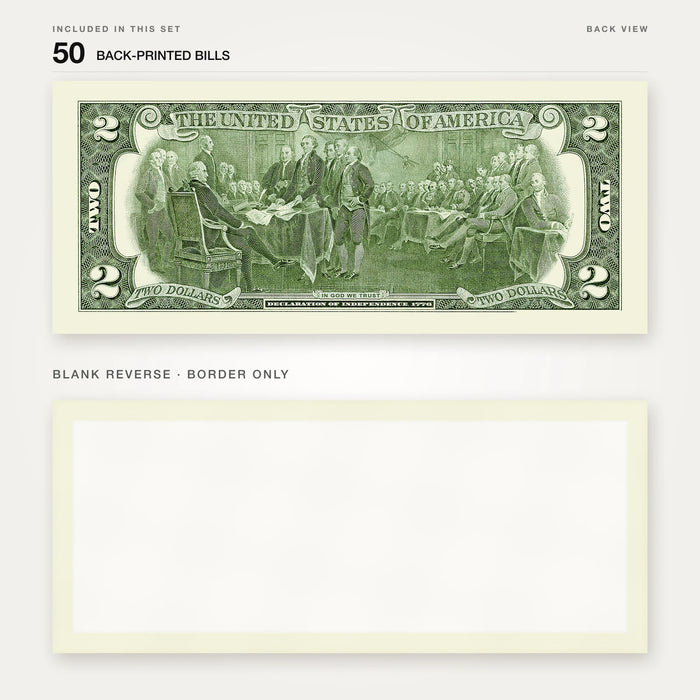 $2 1990s Close-Up prop bill: back-printed bill above its blank bordered reverse.