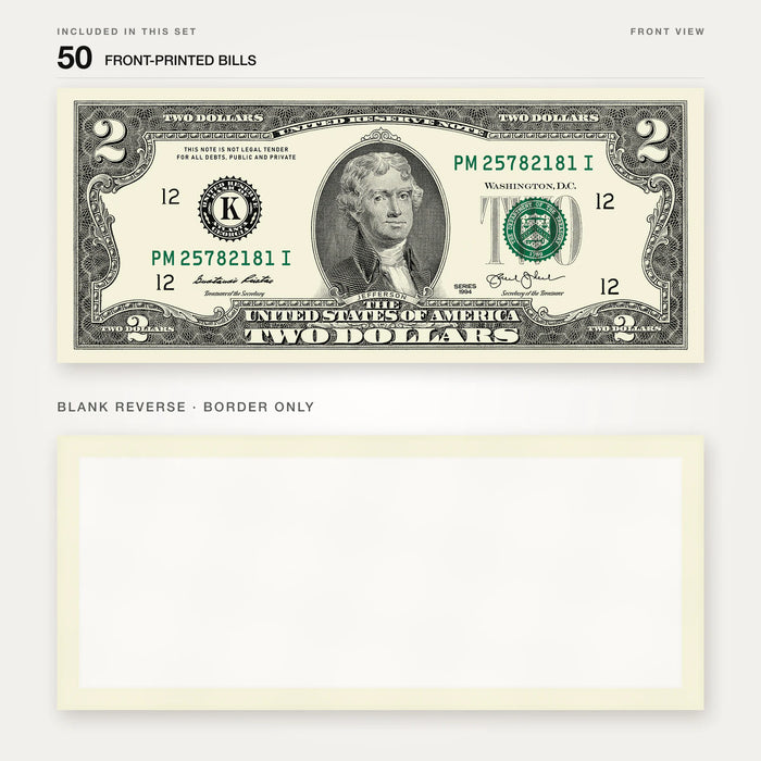 $2 1990s Close-Up prop bill: front-printed bill above its blank bordered reverse.
