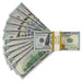Fanned Full Print $100 prop bills beside a stack with a yellow $10,000 band