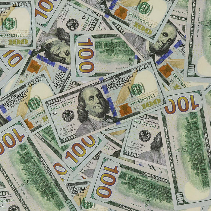 Actual Full Print New Series $100 prop bills showing the Franklin portrait design