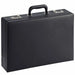 Closed black briefcase with padded carrying handle and two silver combination locks, three-quarter front view