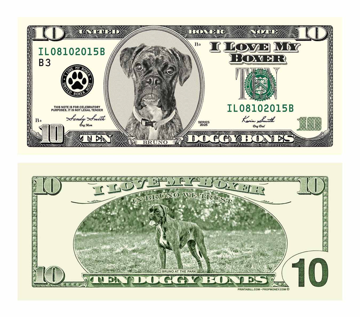 Example custom pet bill named I Love My Boxer. Example only; you receive a custom design, not this artwork unchanged.