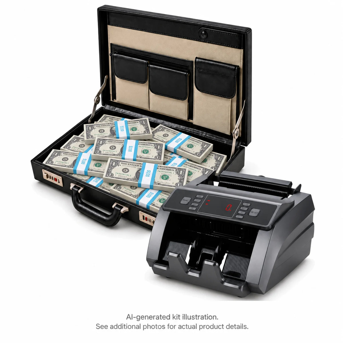 AI-generated illustration of an open black briefcase filled with $1 Full Print prop money stacks beside a money counter; see additional photos for actual product details