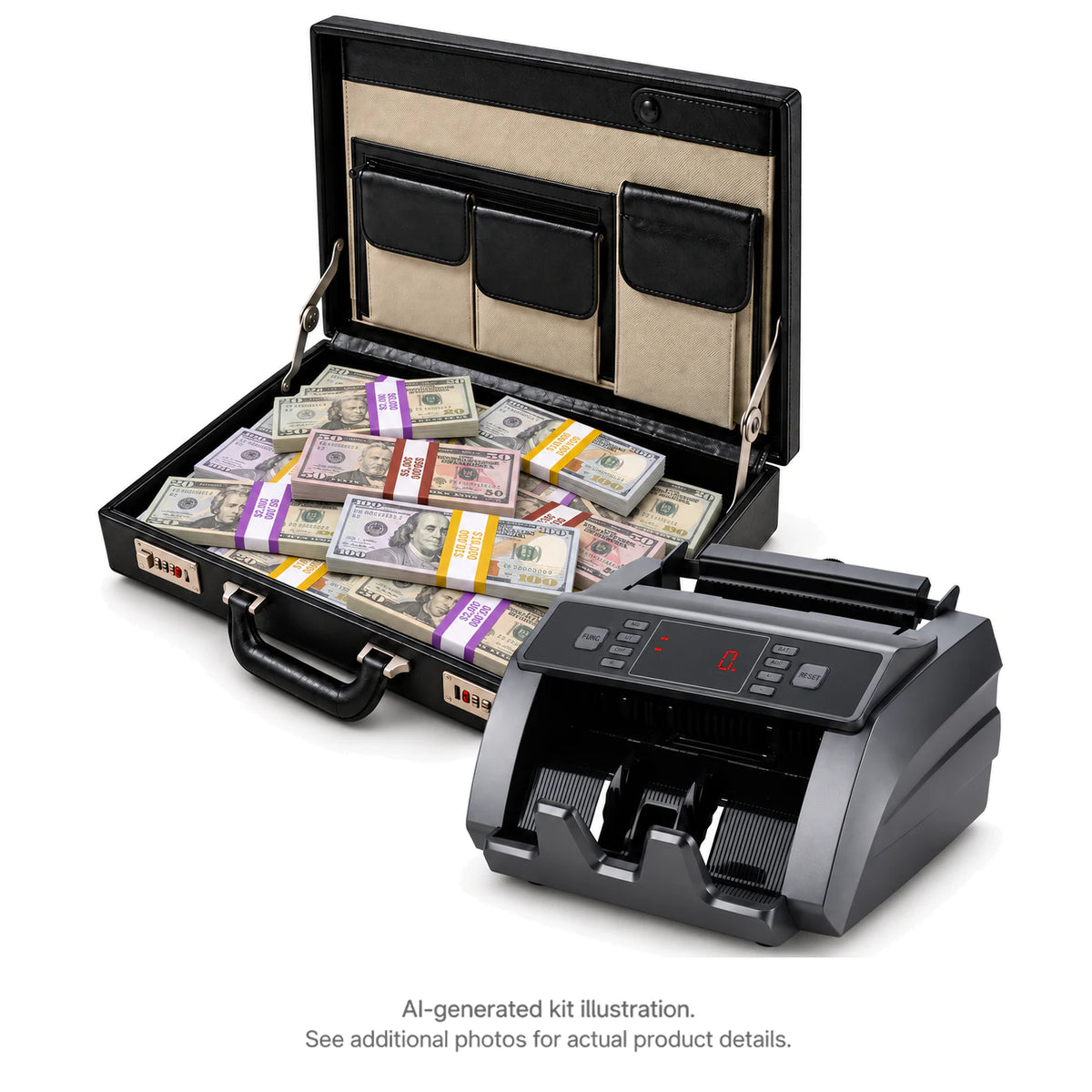 AI-generated illustration of an open black briefcase filled with mixed Full Print $20, $50 and $100 prop money stacks beside a money counter; see additional photos for actual product details