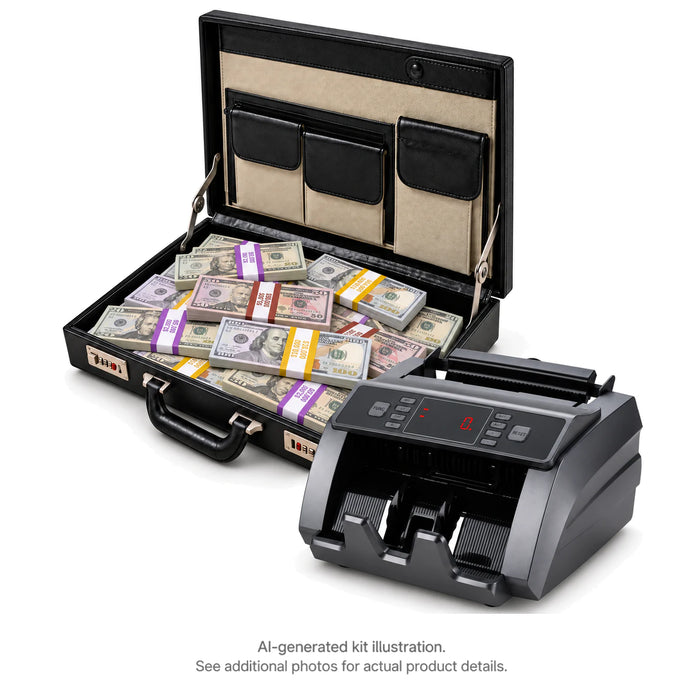 AI-generated illustration of an open black briefcase filled with mixed Full Print $20, $50 and $100 prop money stacks beside a money counter; see additional photos for actual product details