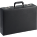 Open empty black briefcase with interior organizer pockets and combination locks