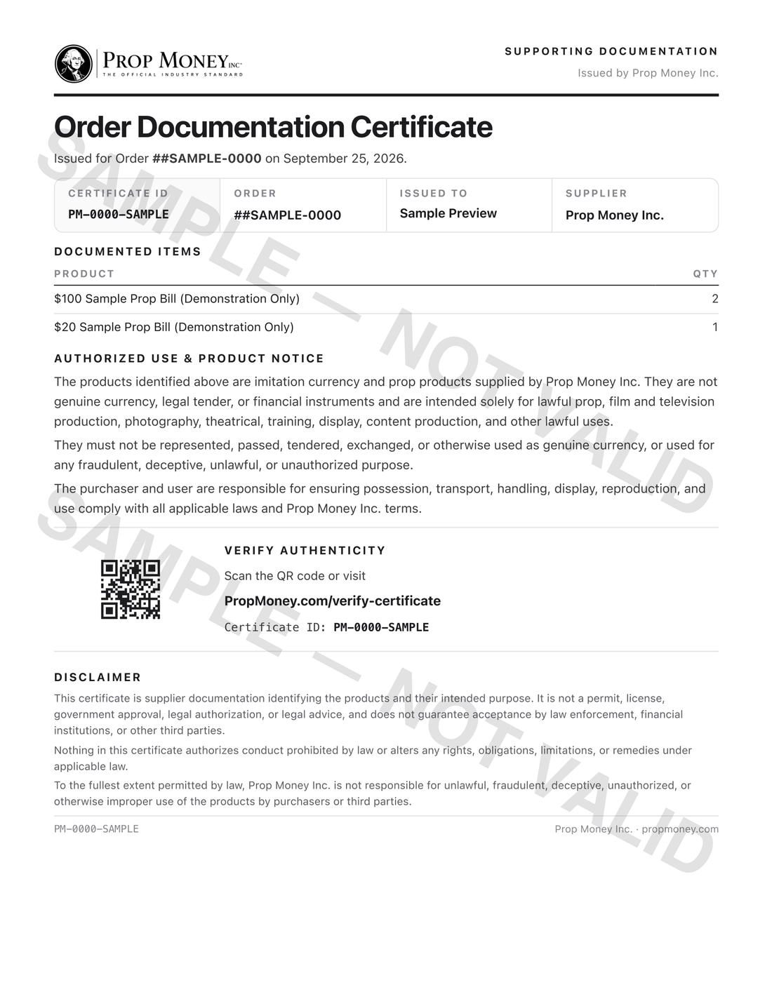 Sample Order Documentation Certificate