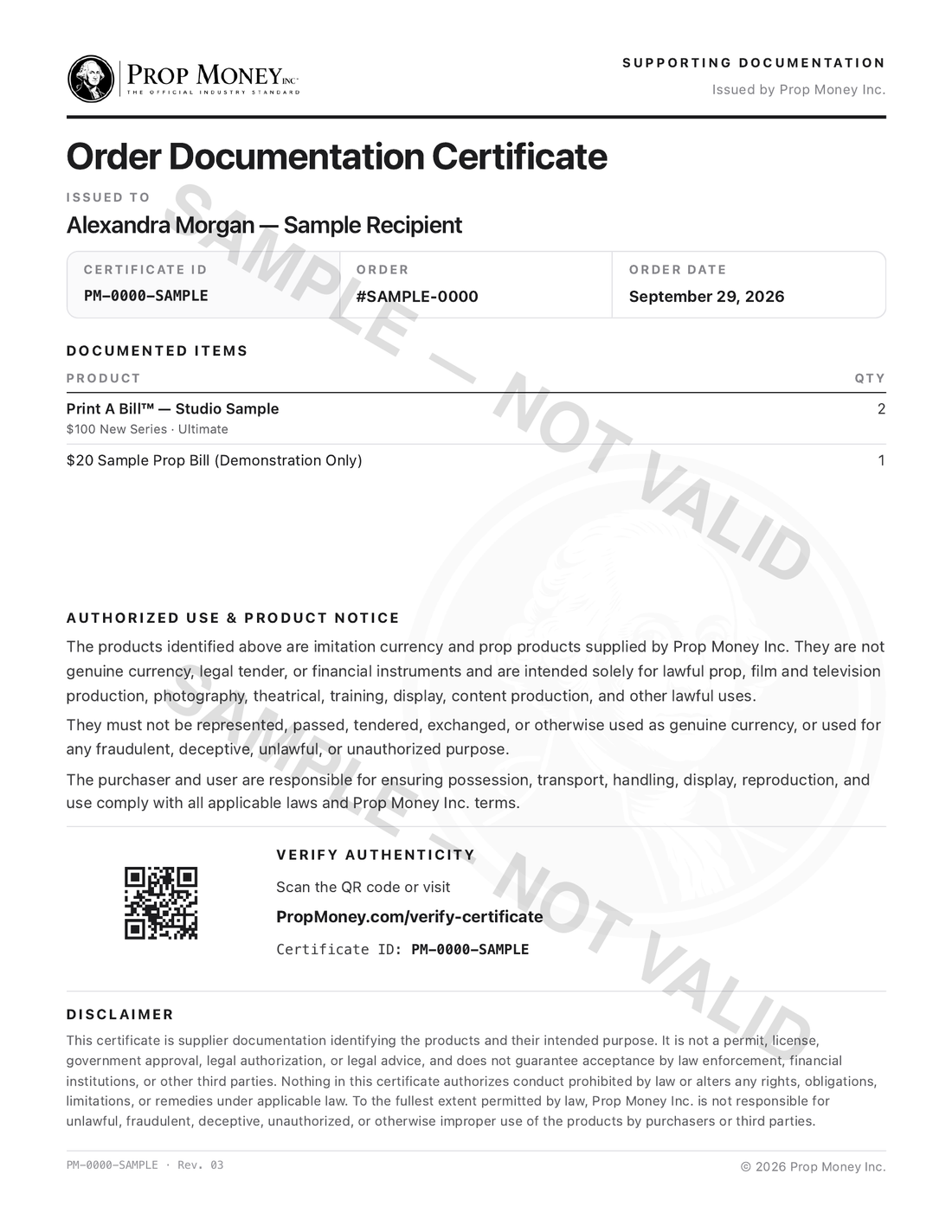 Sample Order Documentation Certificate