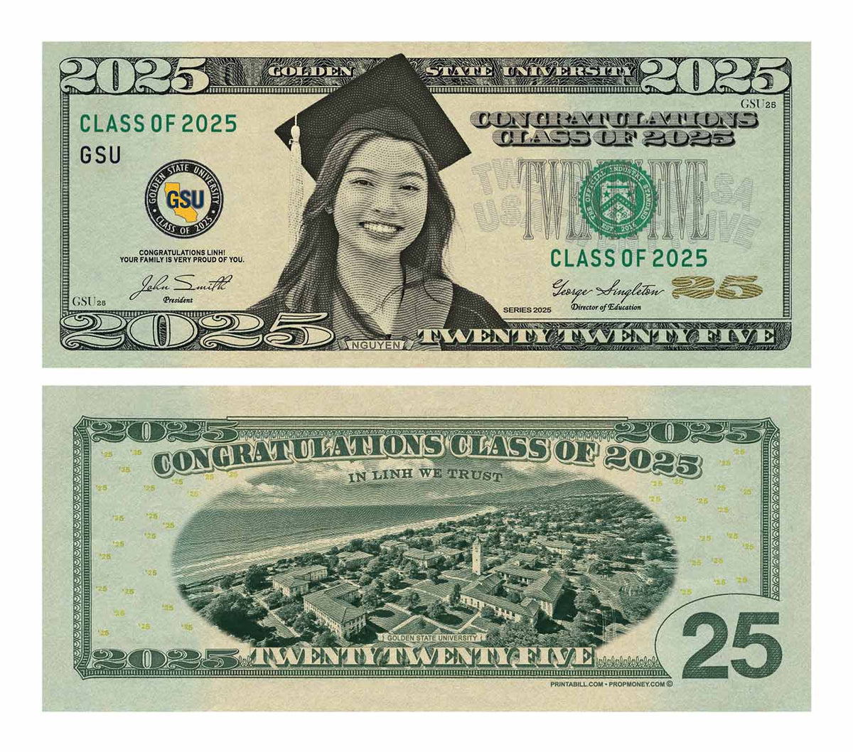Example custom graduation bill showing Class of 2025 artwork. Example only; you receive a custom Graduation Bill design, not this artwork unchanged. You can choose any graduation year.