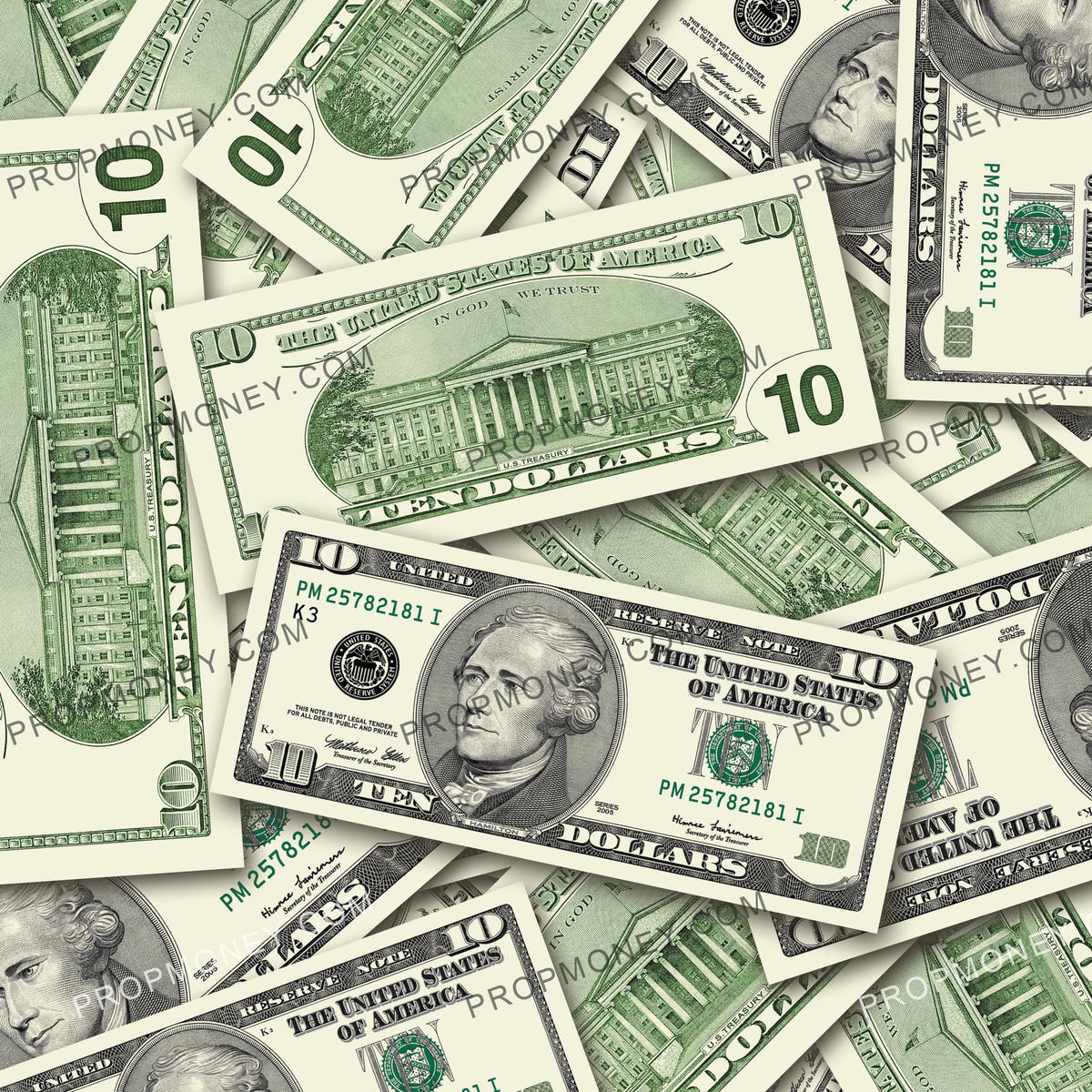$10 2000s Close-Up prop bills with printed fronts and backs scattered randomly; one complete front and back centered.