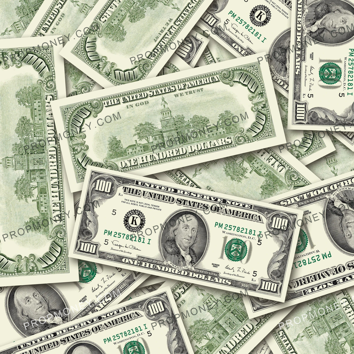$100 1990s Close-Up prop bills with printed fronts and backs scattered randomly; one complete front and back centered.