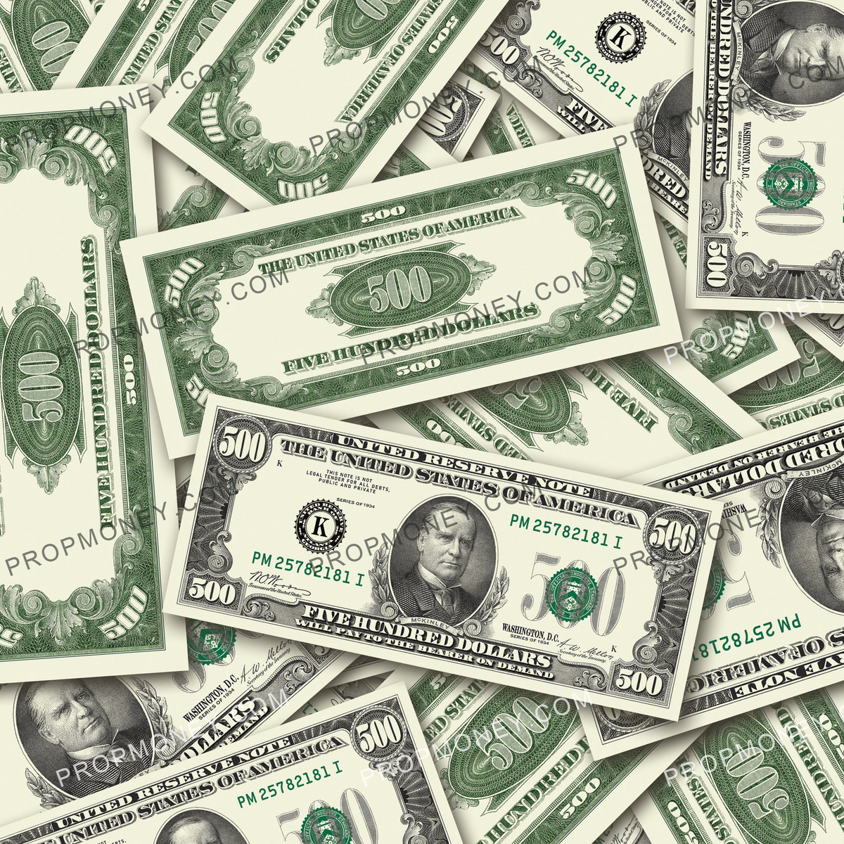 $500 Vintage Close-Up prop bills with printed fronts and backs scattered randomly; one complete front and back centered.