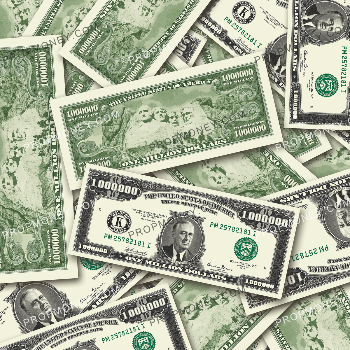 $1,000,000 Vintage Close-Up prop bills with printed fronts and backs scattered randomly; one complete front and back centered.