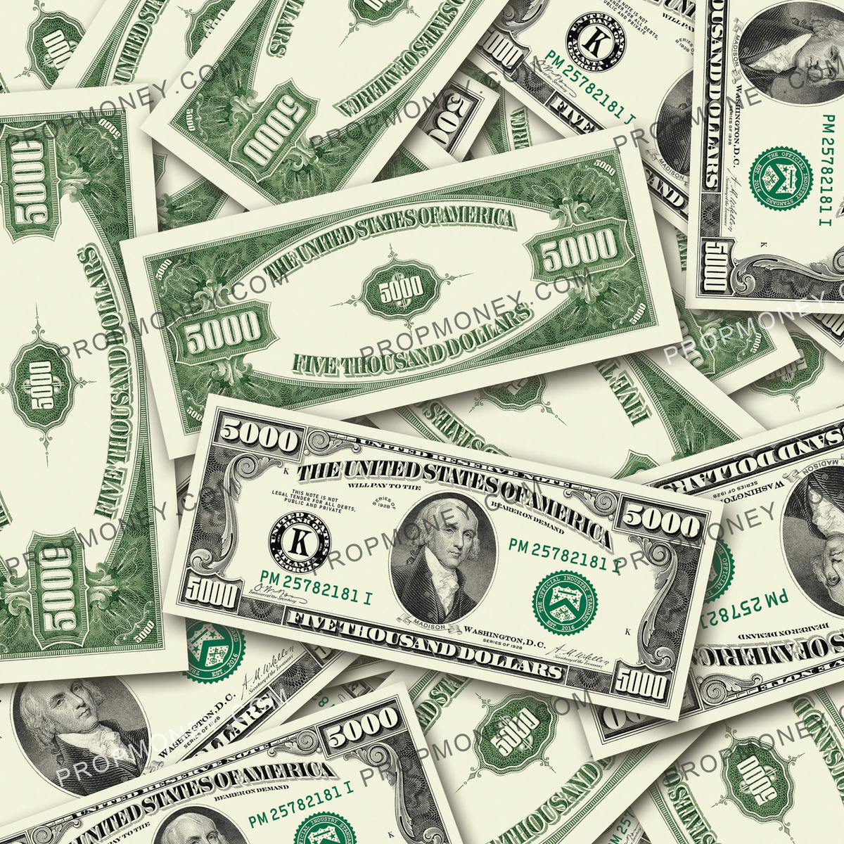 $5,000 Vintage Close-Up prop bills with printed fronts and backs scattered randomly; one complete front and back centered.