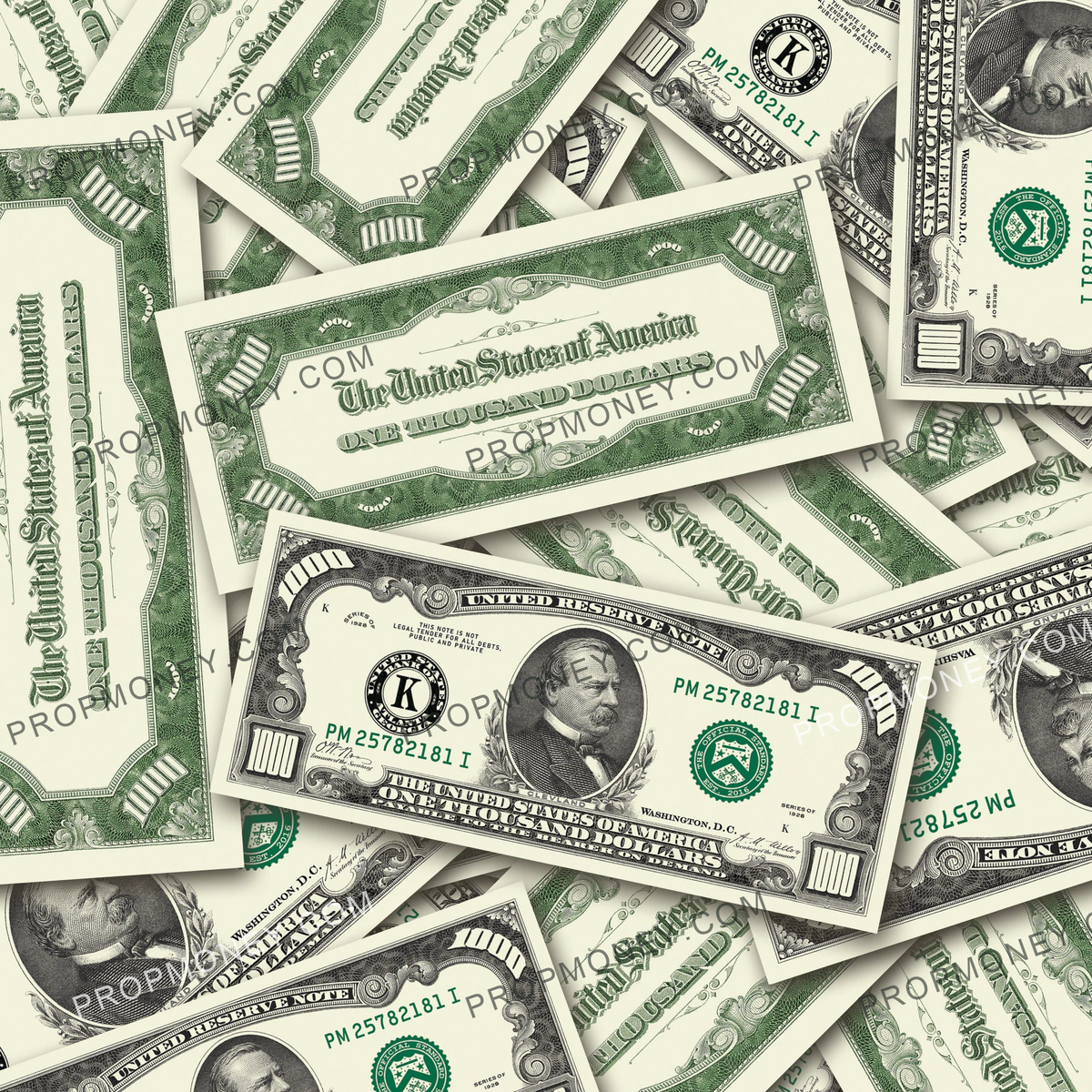 $1,000 Vintage Close-Up prop bills with printed fronts and backs scattered randomly; one complete front and back centered.