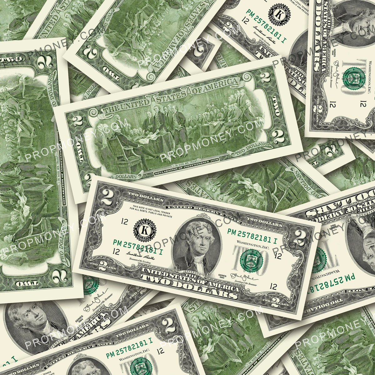 $2 1990s Close-Up prop bills with printed fronts and backs scattered randomly; one complete front and back centered.