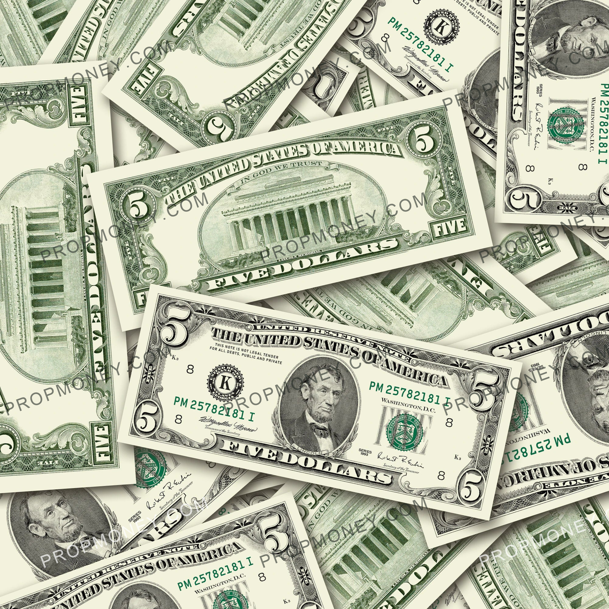 $5 1990s Close-Up prop bills with printed fronts and backs scattered randomly; one complete front and back centered.