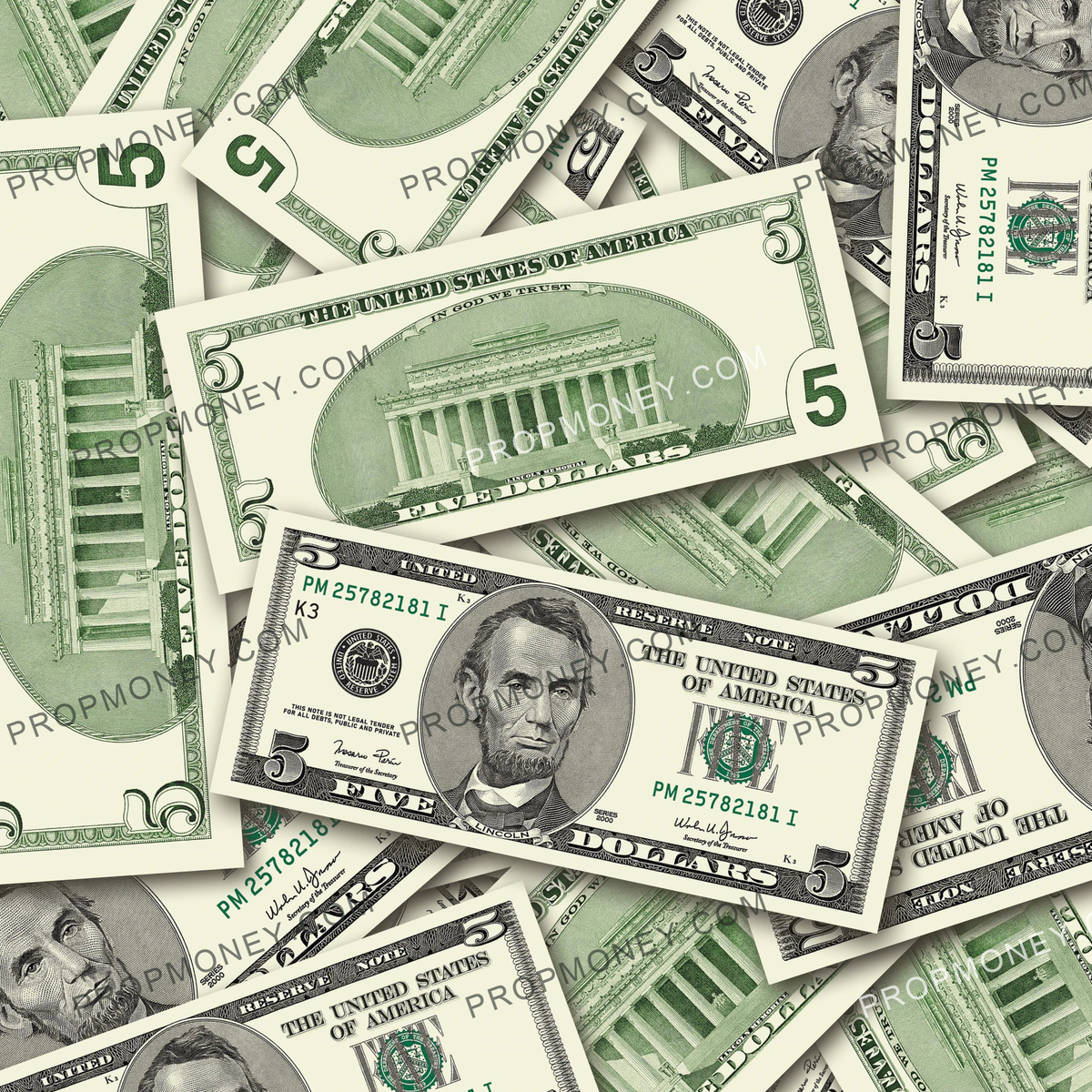 $5 2000s Close-Up prop bills with printed fronts and backs scattered randomly; one complete front and back centered.