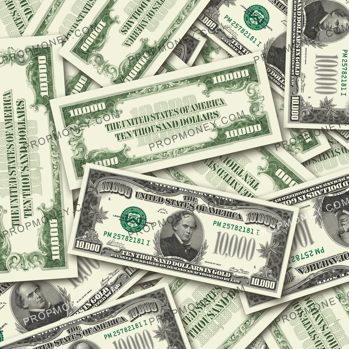 $10,000 Vintage Close-Up prop bills with printed fronts and backs scattered randomly; one complete front and back centered.