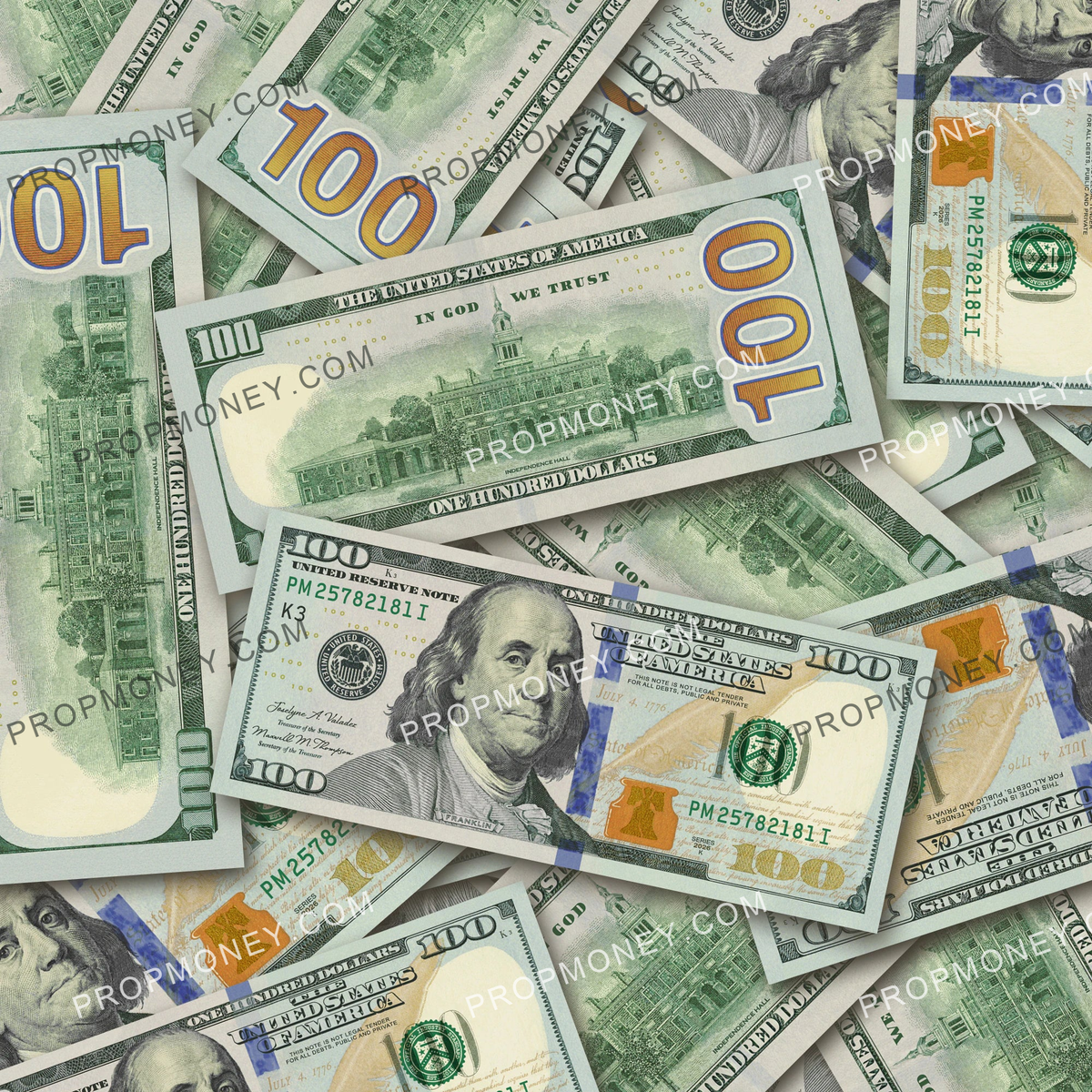 $100 New Series Close-Up prop bills with printed fronts and backs scattered randomly; one complete front and back centered.