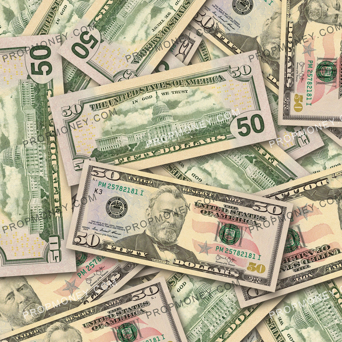 $50 New Series Close-Up prop bills with printed fronts and backs scattered randomly; one complete front and back centered.