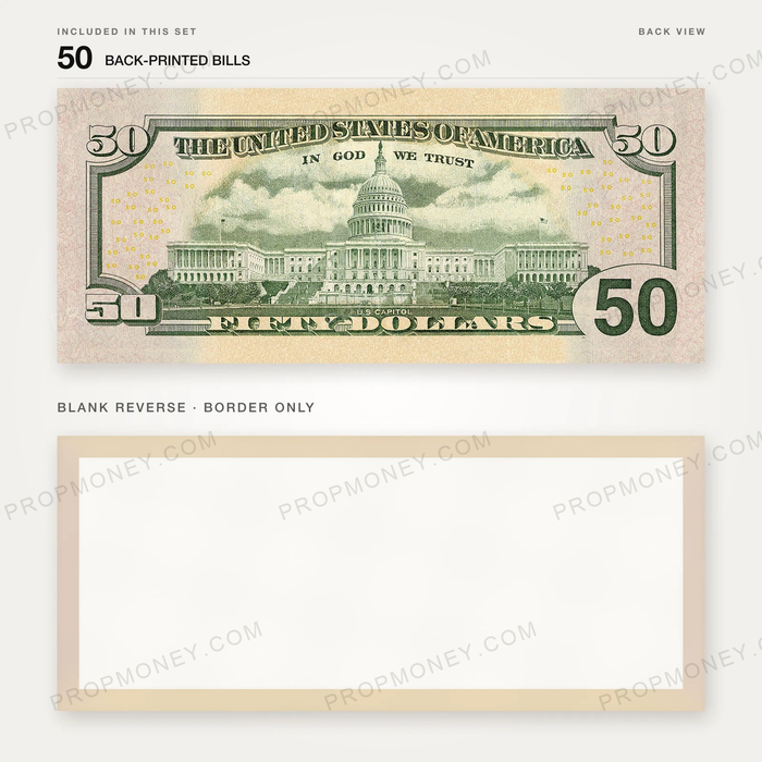 $50 New Series Close-Up prop bill: back-printed bill above its blank bordered reverse.