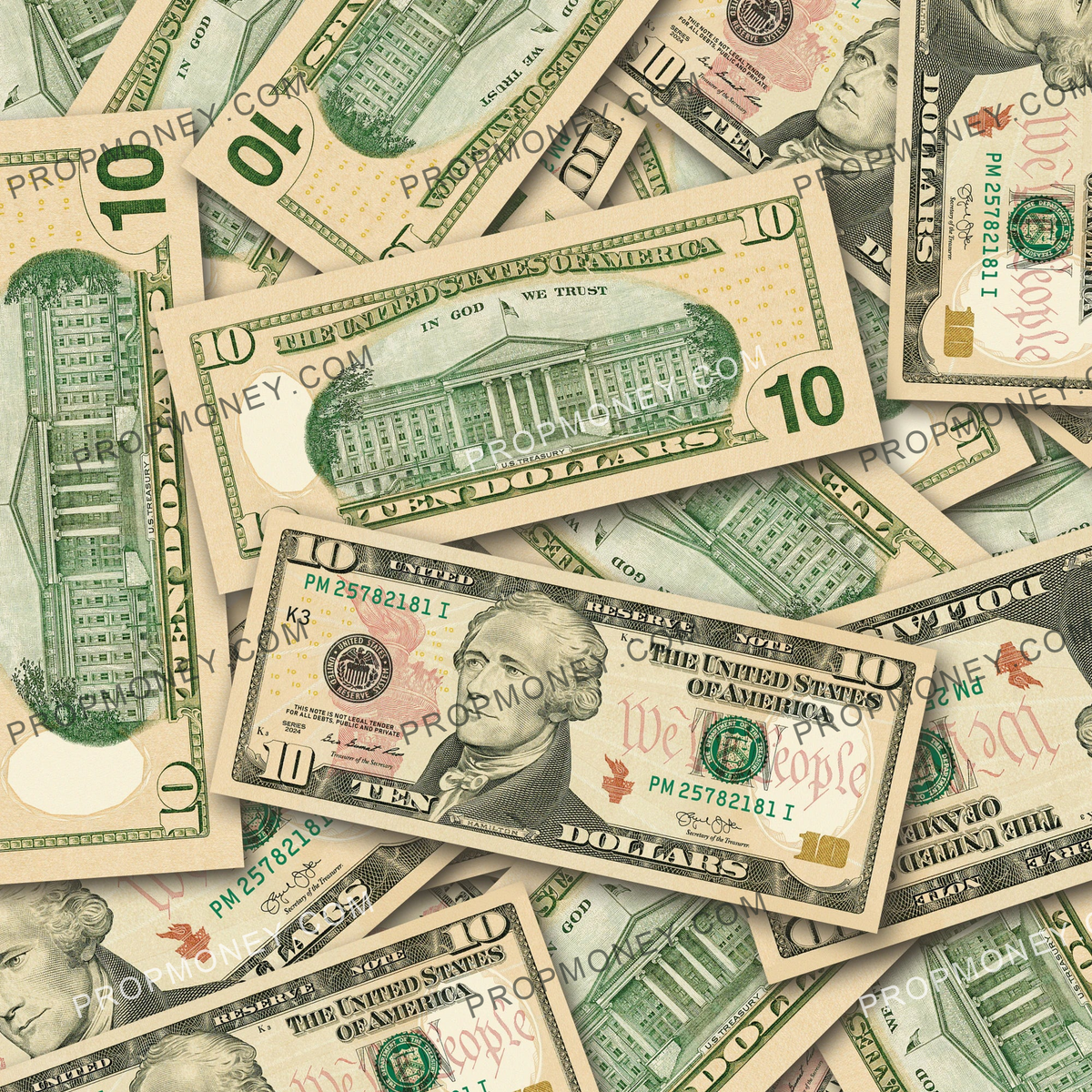 $10 New Series Close-Up prop bills with printed fronts and backs scattered randomly; one complete front and back centered.