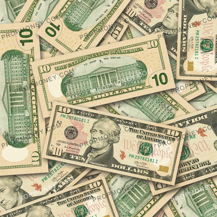$10 New Series Close-Up prop bills with printed fronts and backs scattered randomly; one complete front and back centered.