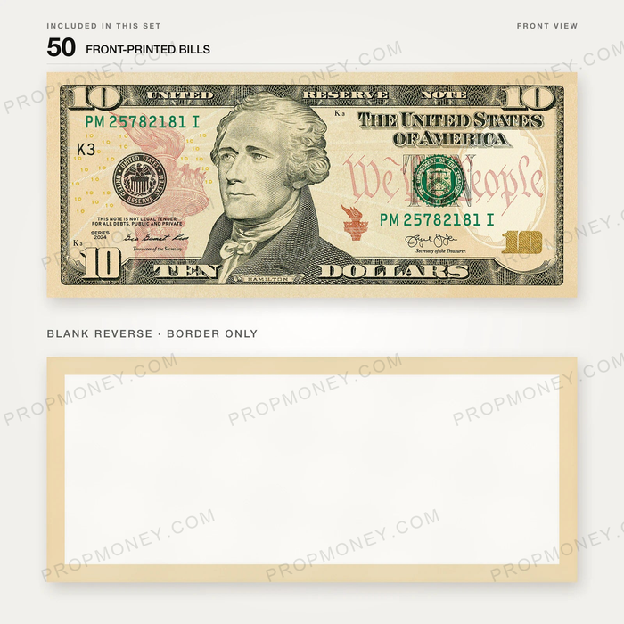 $10 New Series Close-Up prop bill: front-printed bill above its blank bordered reverse.