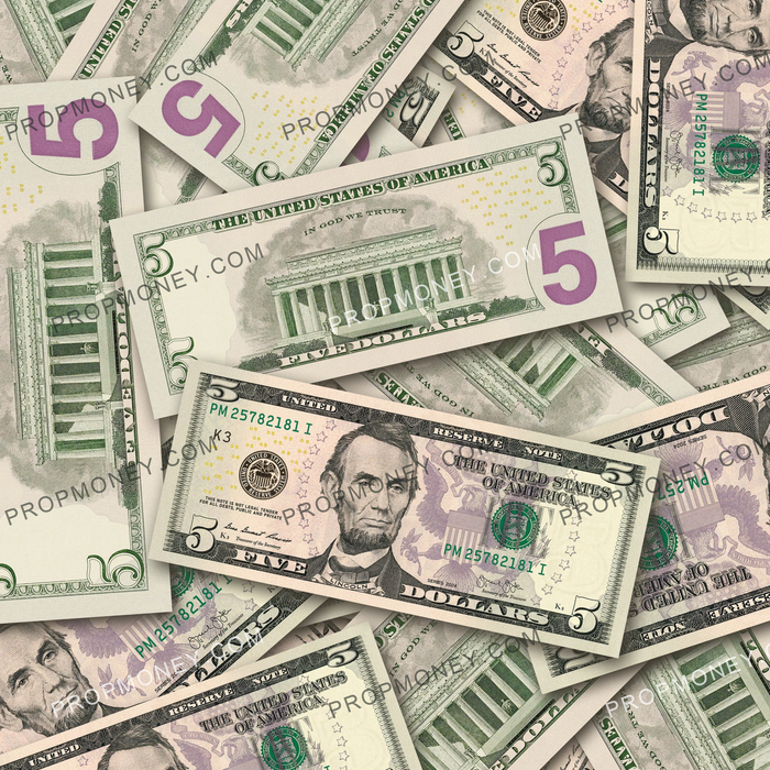 $5 New Series Close-Up prop bills with printed fronts and backs scattered randomly; one complete front and back centered.