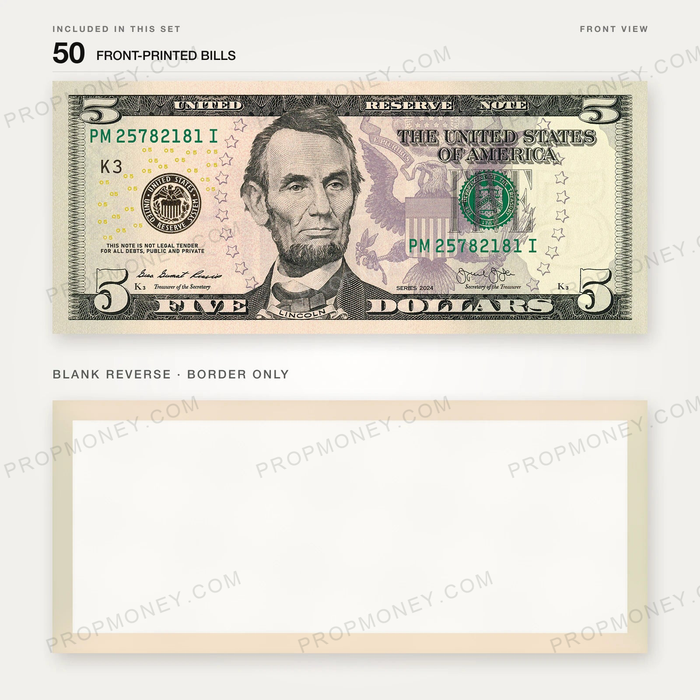 $5 New Series Close-Up prop bill: front-printed bill above its blank bordered reverse.