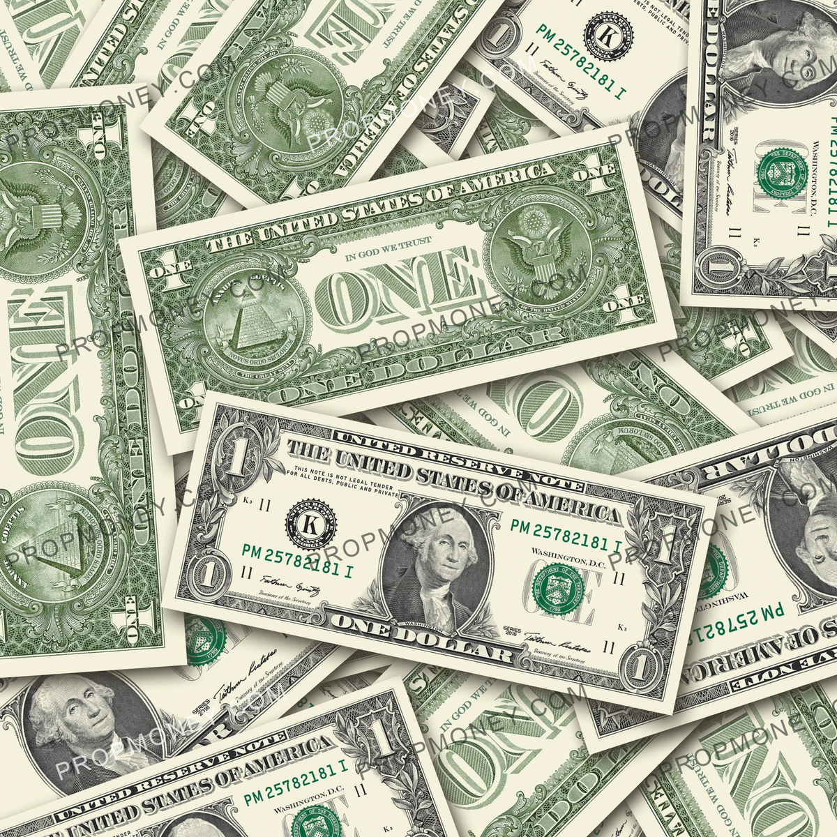 $1 New Series Close-Up prop bills with printed fronts and backs scattered randomly; one complete front and back centered.