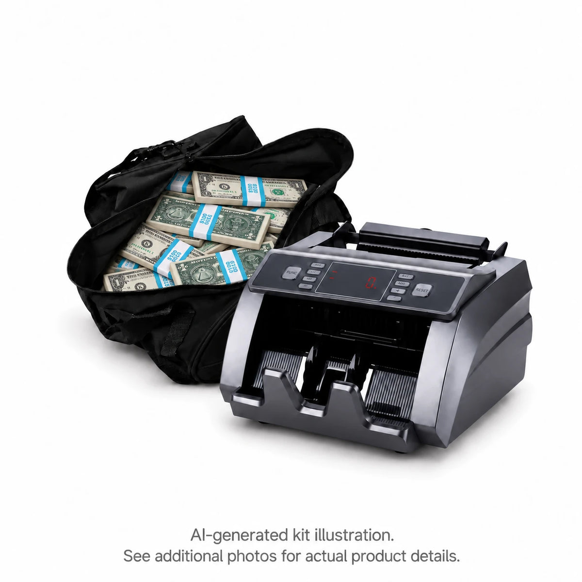 AI-generated illustration of a black duffel bag filled with cyan-banded $1 Full Print prop money stacks beside a money counter; see additional photos for actual product details