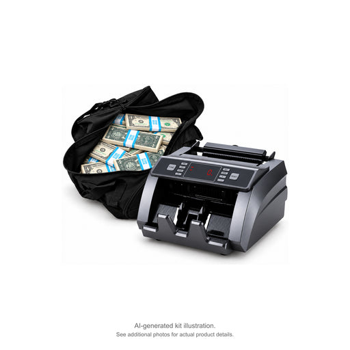 AI-generated illustration of a black duffel bag filled with cyan-banded $1 Full Print prop money stacks beside a money counter; see additional photos for actual product details