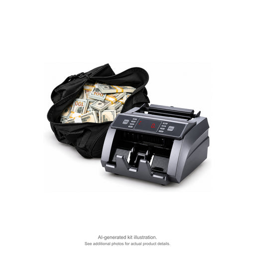 AI-generated illustration of a black duffel bag filled with Full Print $100 prop money stacks beside a money counter; see additional photos for actual product details
