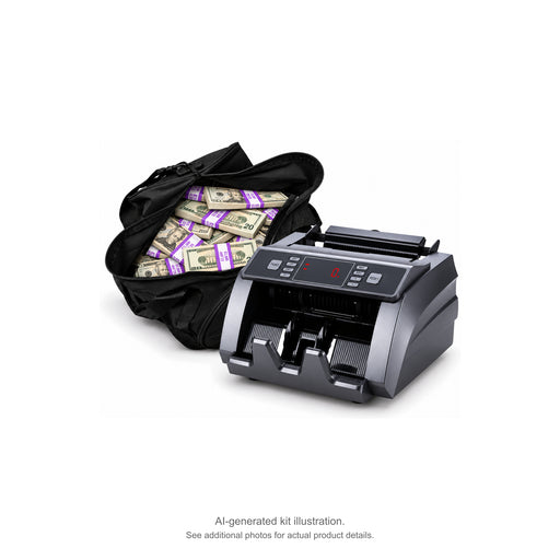 AI-generated kit illustration: Black duffel bag filled with Full Print $20 prop money stacks beside a money counter; see additional photos for actual product details