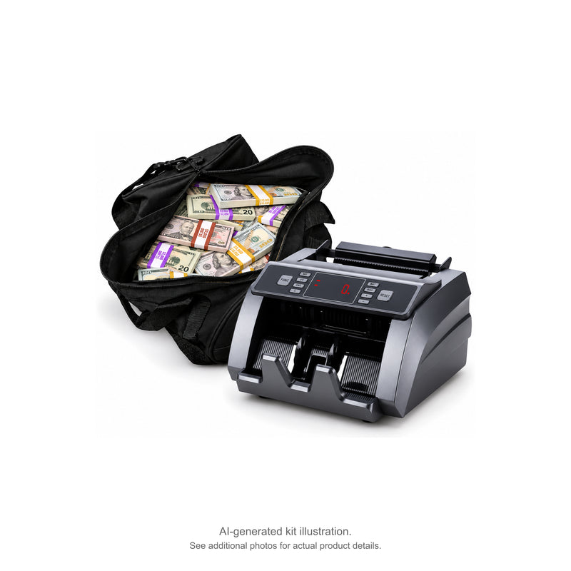 AI-generated kit illustration: Black duffel bag filled with Full Print $20, $50, and $100 prop money stacks beside a money counter; see additional photos for actual product details