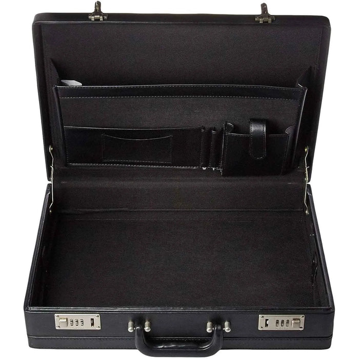 Open empty black briefcase showing interior organizer pockets and combination locks