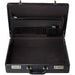 Open empty black briefcase showing interior organizer pockets and combination locks