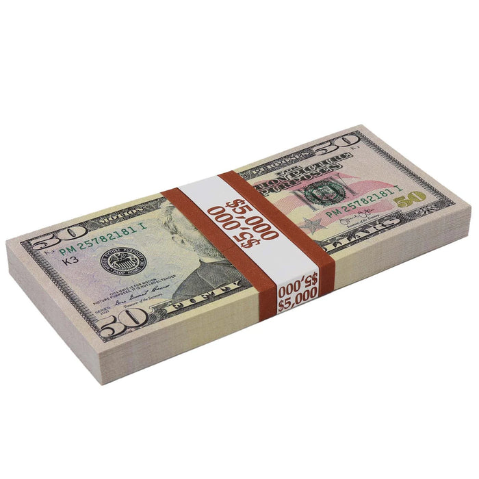 Front of an actual Full Print $50 prop money stack showing Grant and a brown $5,000 band