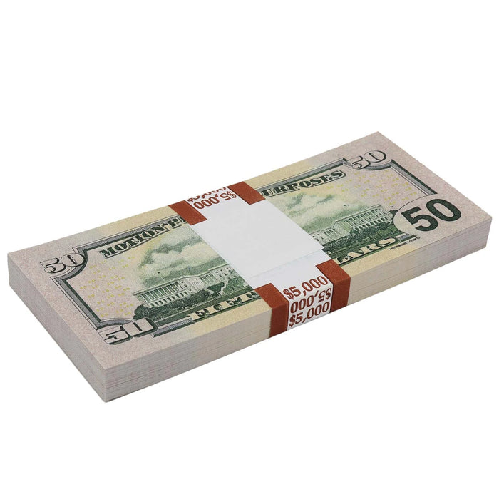 Back of an actual Full Print $50 prop money stack showing the Capitol and a brown $5,000 band