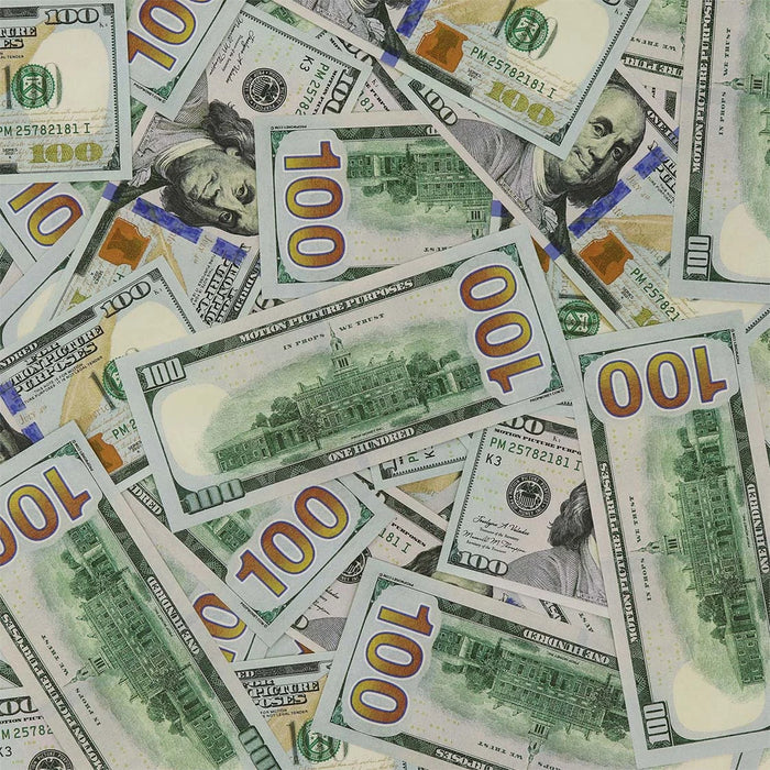 Actual Full Print $100 prop bills scattered together, showing the reverse design and motion picture markings