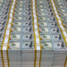 Actual yellow-banded Full Print $100 prop money stacks arranged together
