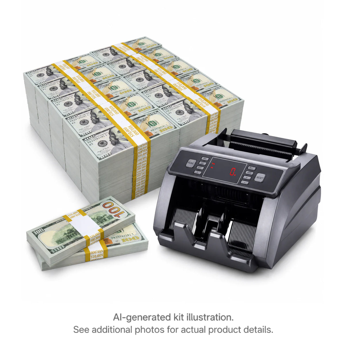 AI-generated kit illustration: Million Dollar Prop Money Kit with banded Full Print $100 stacks and a money counter; see additional photos for actual product details