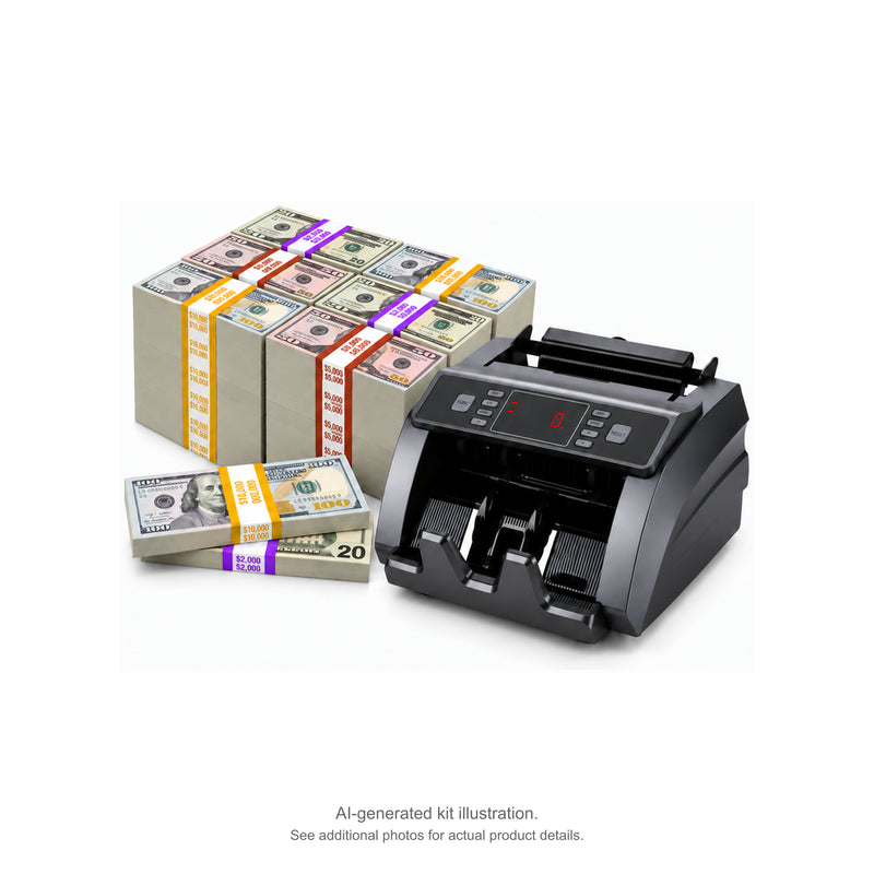 50-stack mixed prop money kit with $20, $50 and $100 stacks in a compact block beside a money counter. AI-generated kit illustration.
