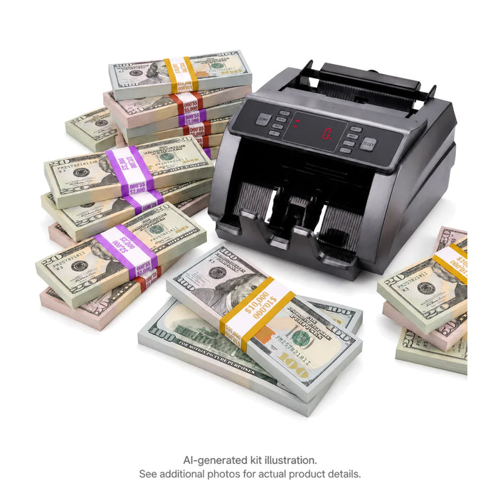 AI-generated illustration of mixed Full Print $20, $50 and $100 prop money stacks beside a money counter; see additional photos for actual product details