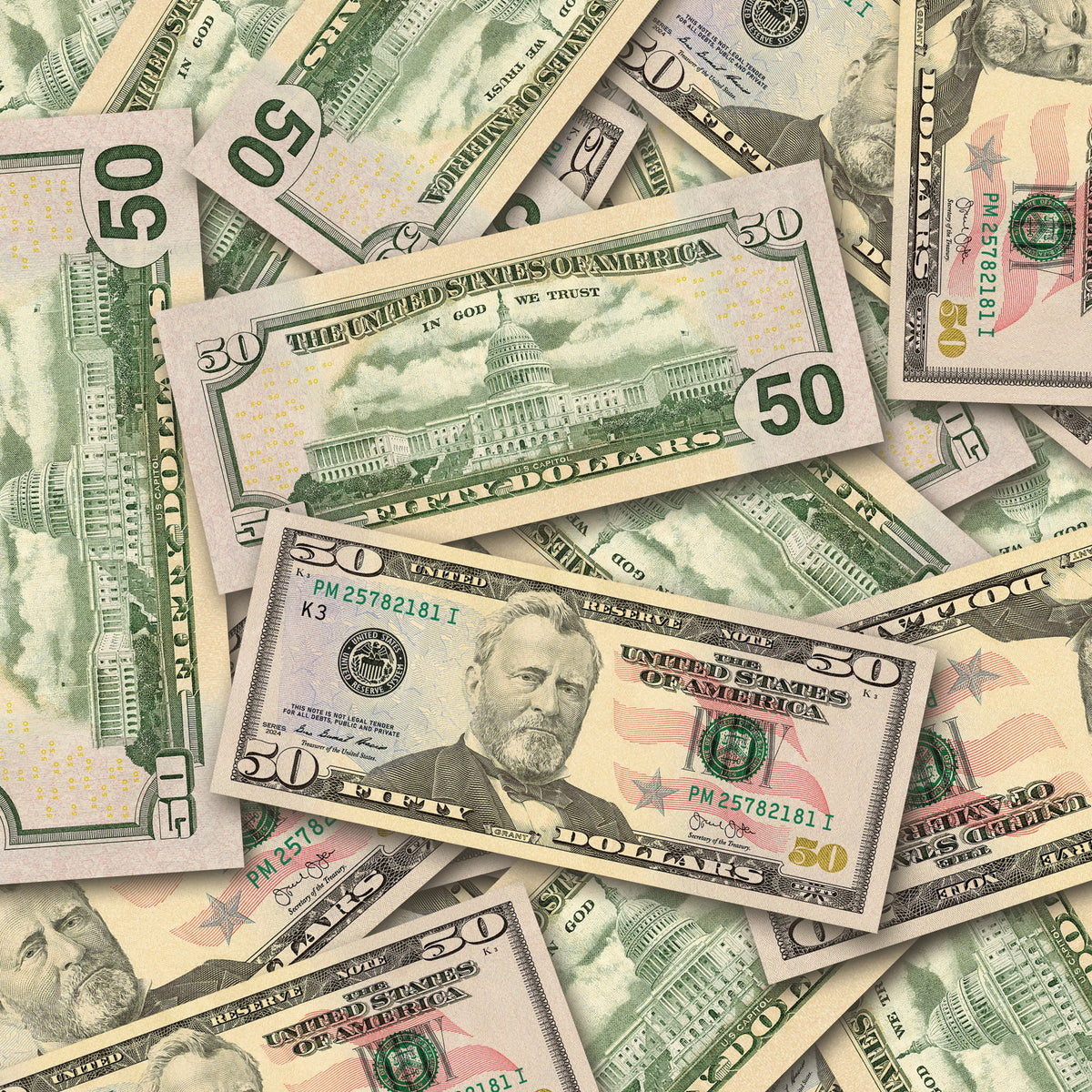$50 New Series Close-Up prop bills with printed fronts and backs scattered randomly; one complete front and back centered.